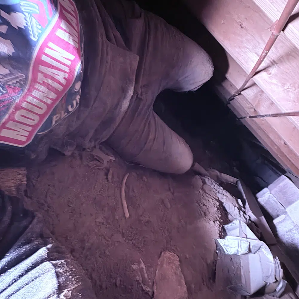 Mountain Man plumber entering a tight Murray crawlspace to reach a PEX leak